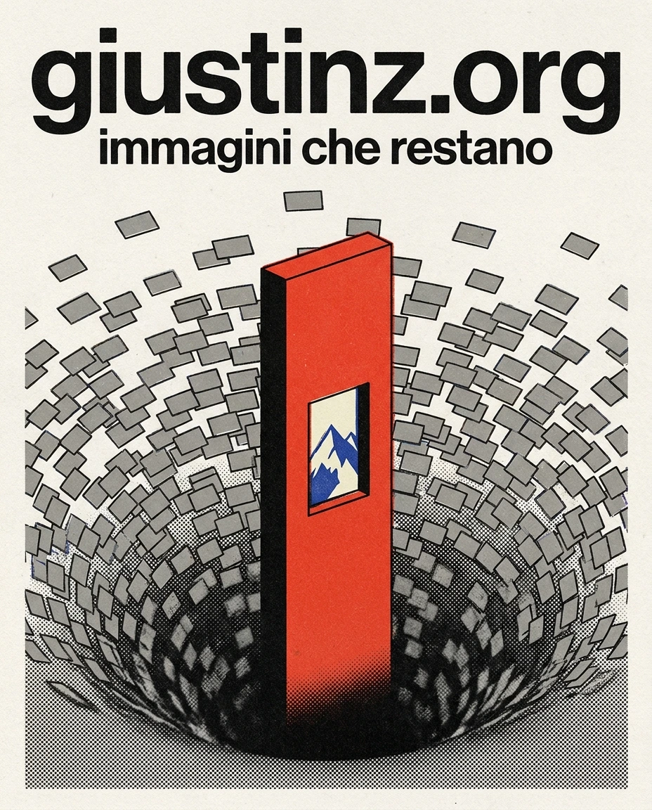 Manifesto di giustinz.org: un monolito rosso in piedi, con una finestra che inquadra una montagna, mentre migliaia di rettangoli grigi vuoti sprofondano in un imbuto tutt'intorno.