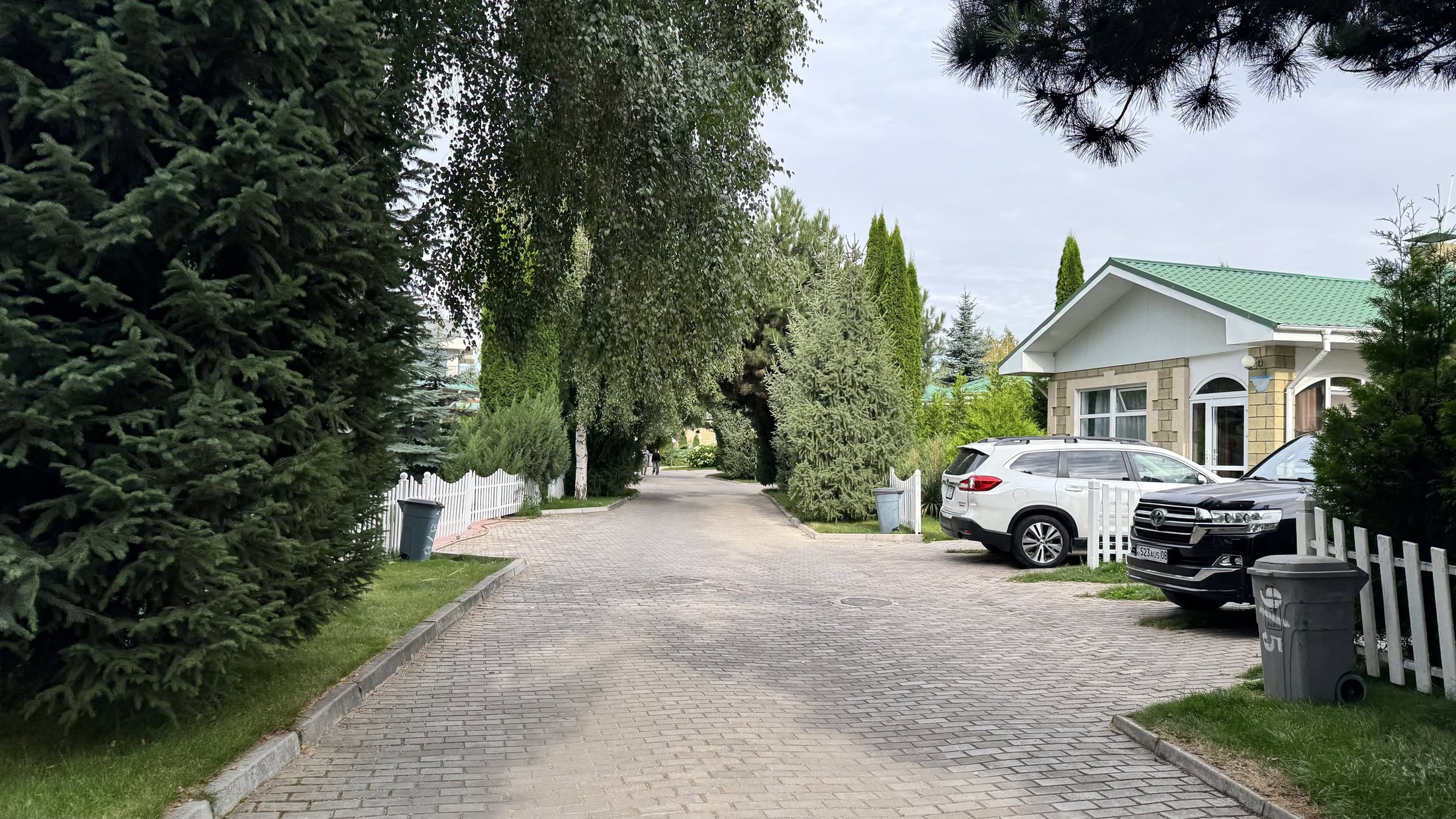 Il viale dei cottage: asfalto lucido di pioggia, abeti, staccionata bianca e un suv parcheggiato davanti a casa