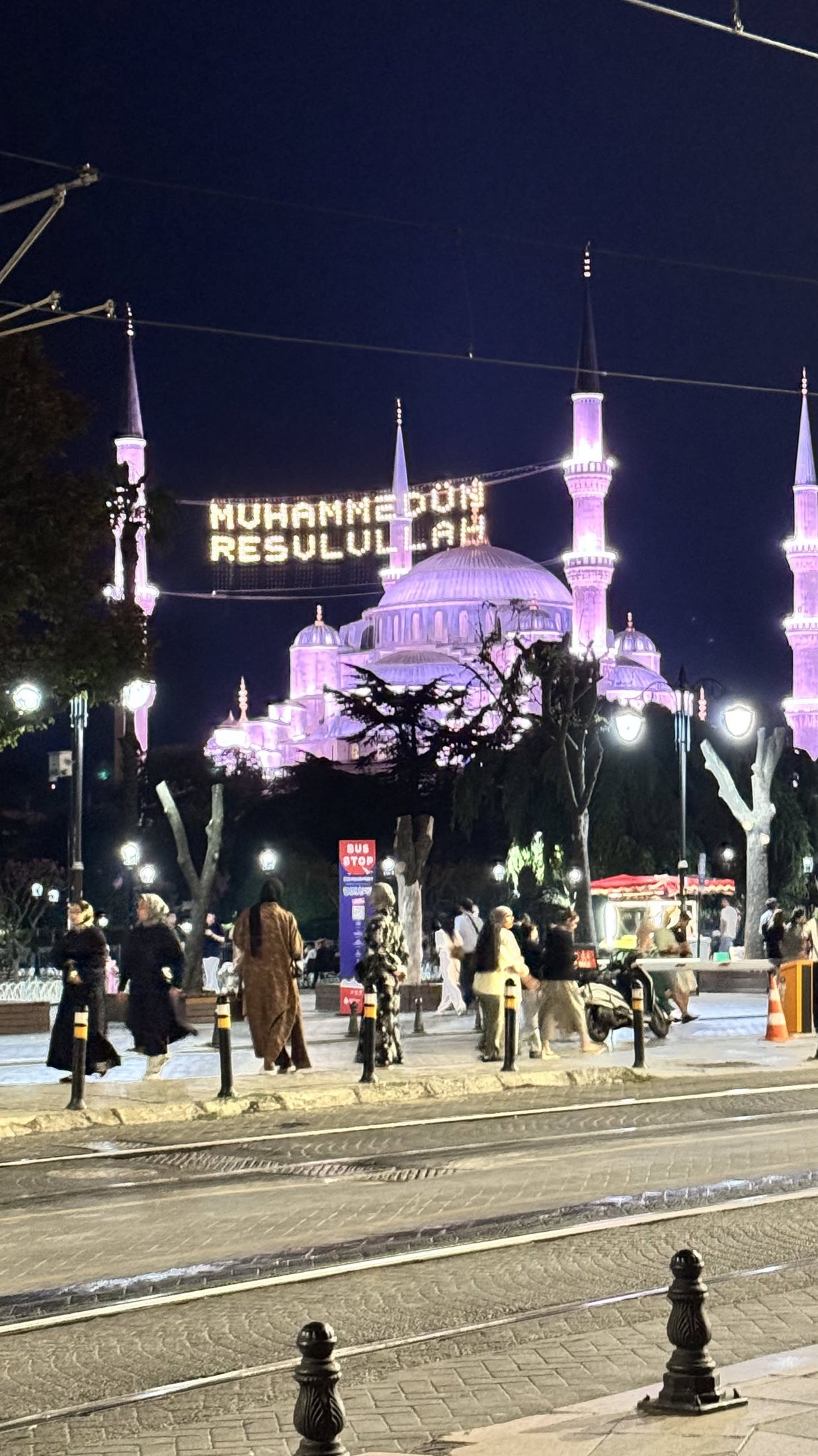 Ultima immagine del giorno: la Moschea Blu accesa, con la scritta fra i minareti.