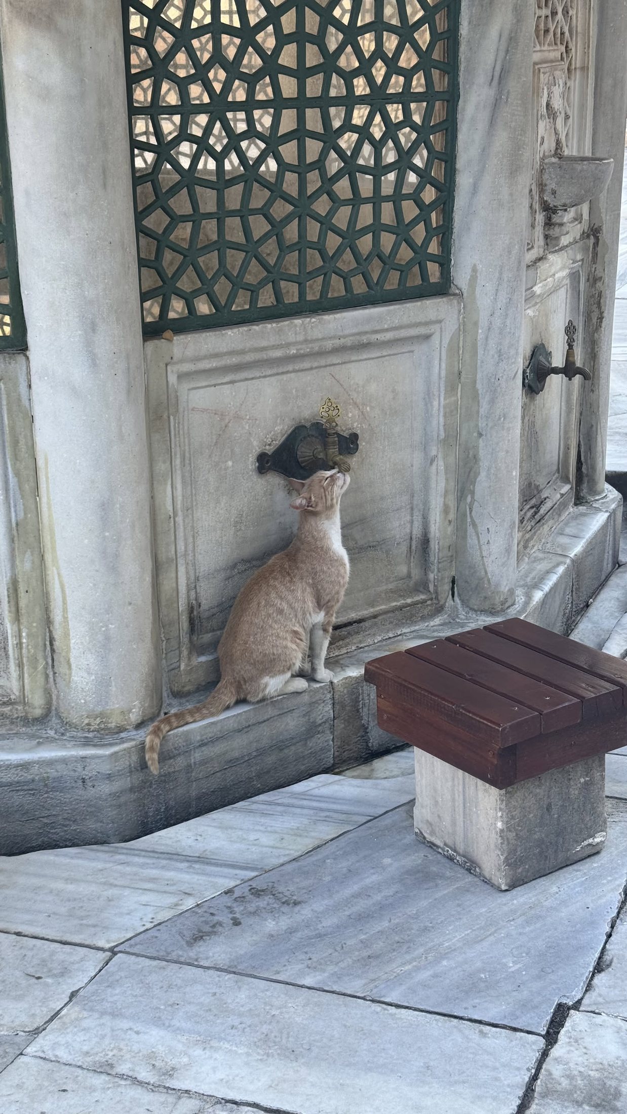 Alla fontana della moschea, in attesa che qualcuno apra.