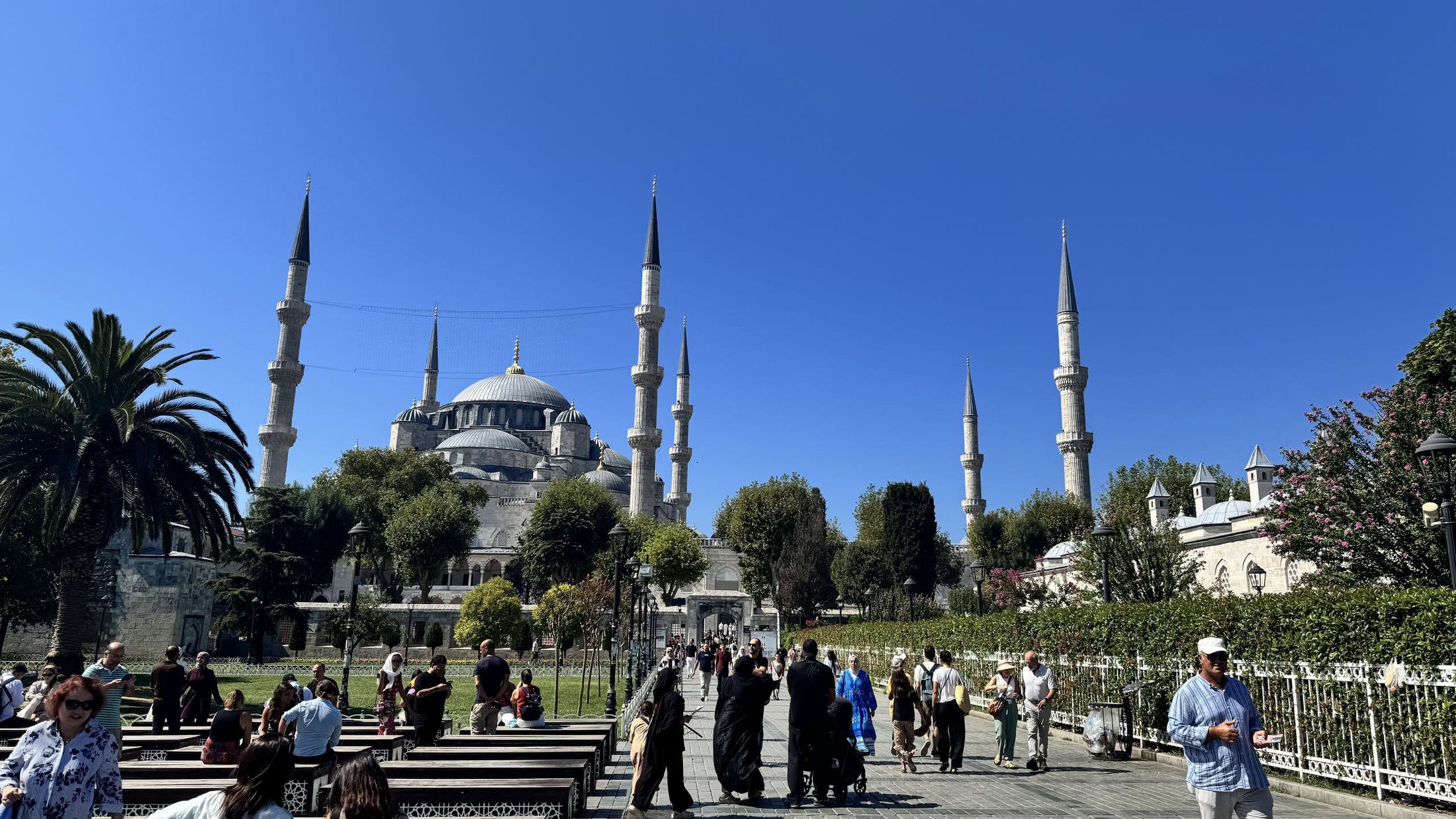 La Moschea Blu dal parco: sei minareti, che all'epoca fecero discutere parecchio.
