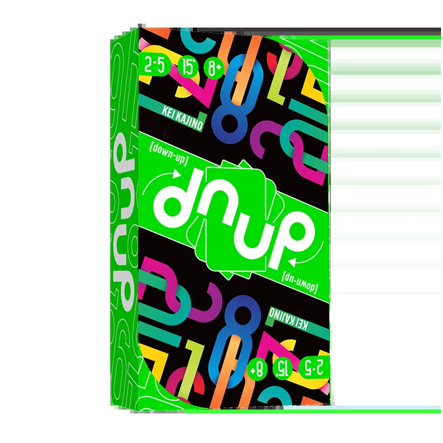 La scatola di DNUP: verde fluo, con i numeri colorati che si intrecciano e il nome che si legge anche a testa in giù. (Foto: Asmodee)