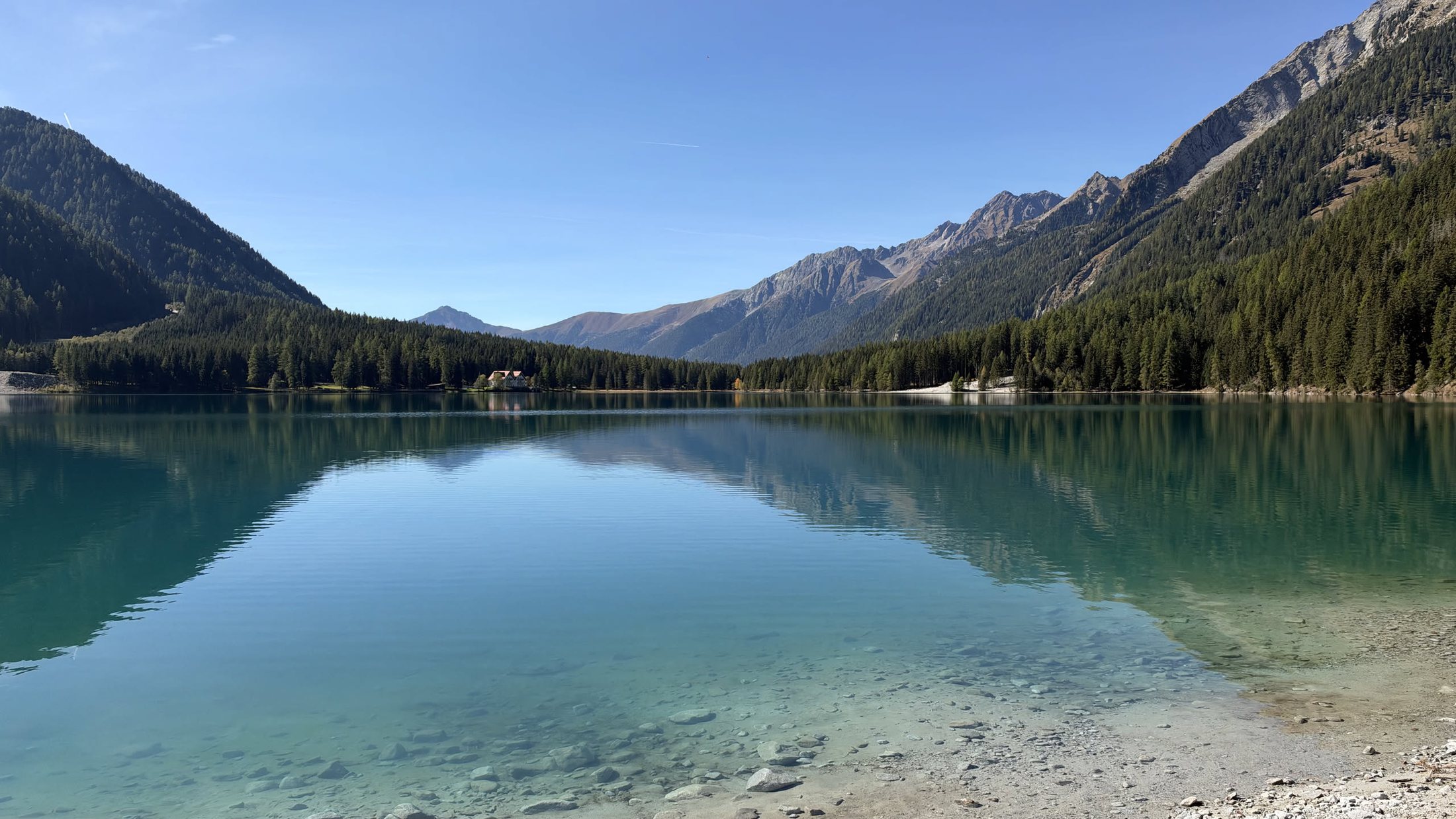 La sponda est del lago, con il bosco riflesso nell'acqua