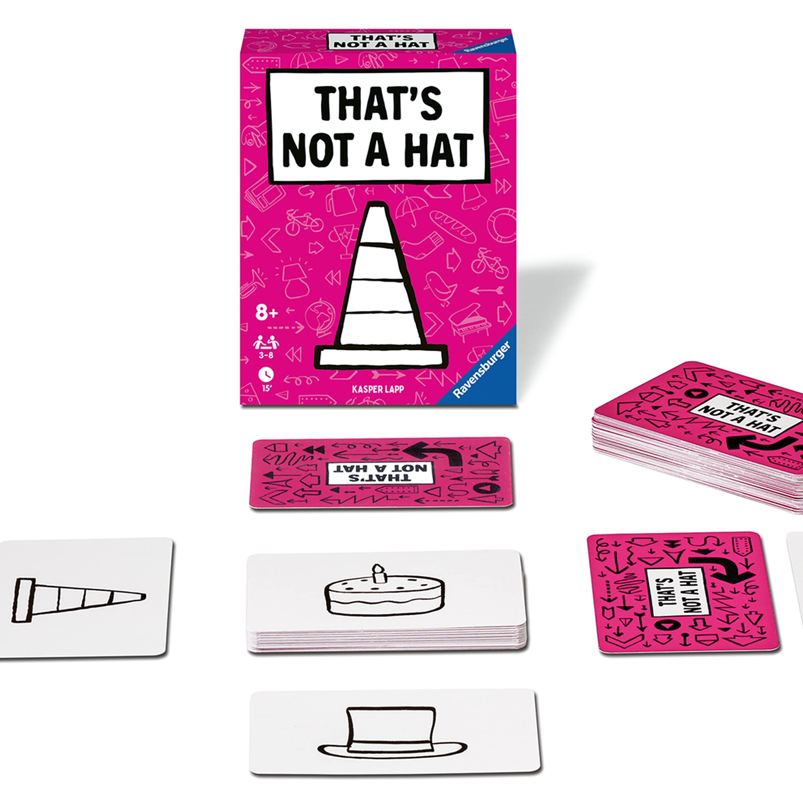 La scatola di That's Not a Hat: rosa shocking, con un cono stradale disegnato al posto del cappello. (Foto: Ravensburger)